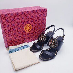Tory Burch Metal Miller 65mm Wedge Sandal Black Vegan Leather Women's Size 10